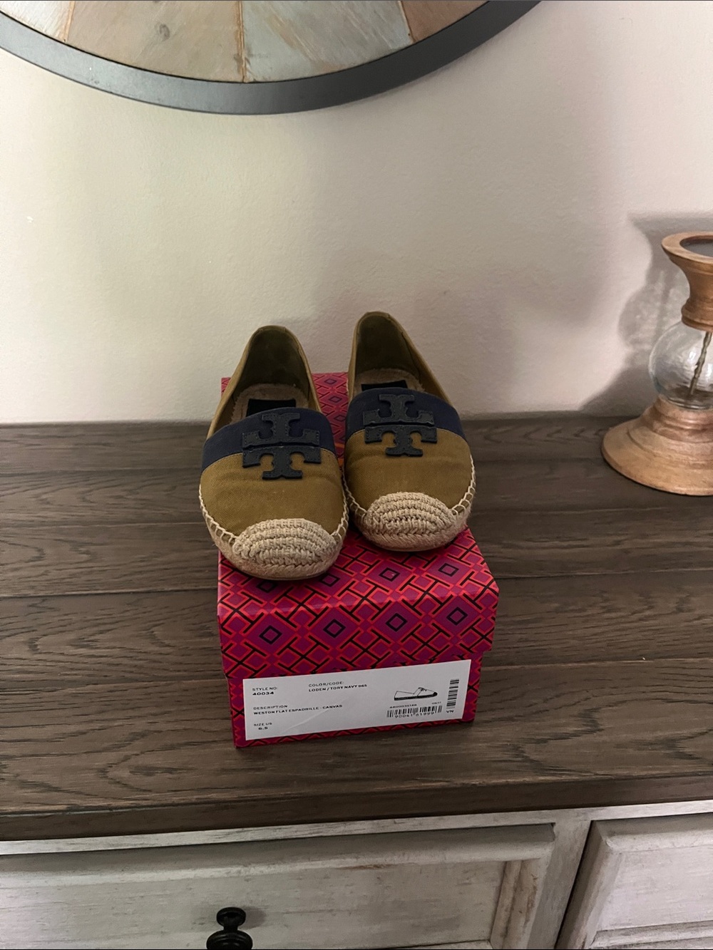 Tory Burch Olive Espadrilles with Navy Logo Band